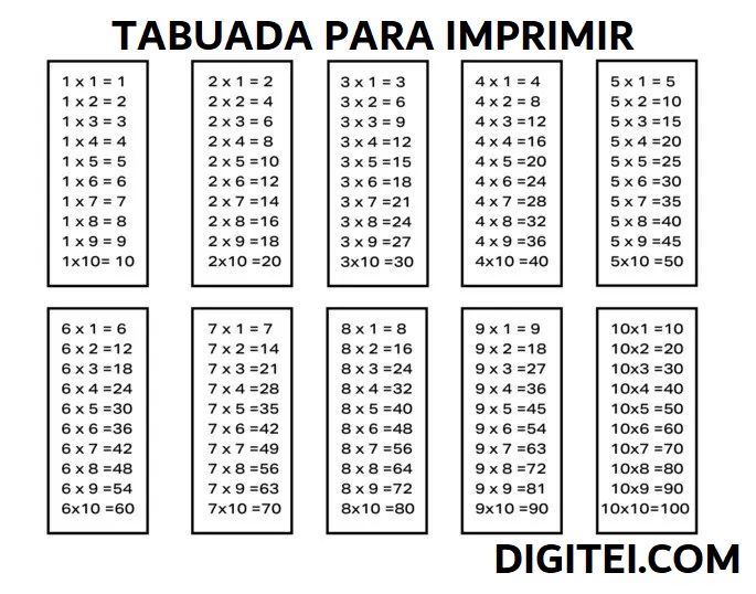TABUADA DE MULTIPLICAÇAO PARA IMPRIMIR
