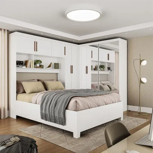 Quarto Modulado Casal Moderno Guarda-Roupa Cabeceira Espelho Branco |  Parcelamento sem juros